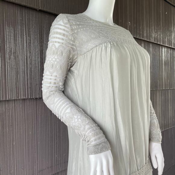🔥100% Silk From Italy Gray Blouse Sheer Lace Coquette Feminine Girly Quiet Luxe - Picture 3 of 14